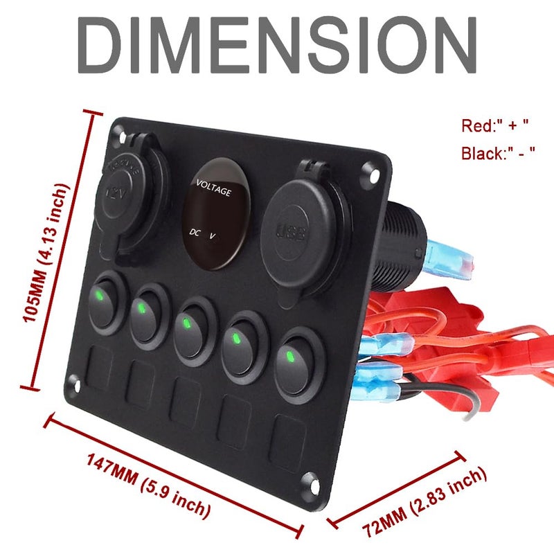Garfour 5 Gang Red Switch Panel 12 Volt ON-Off Switch Panel Blue LED with Inline Fuse QC 3.0 USB and Type C Charger Socket Digital Voltmeter 12V Cigarette Lighter Socket for Marine Boat Car - Image 3